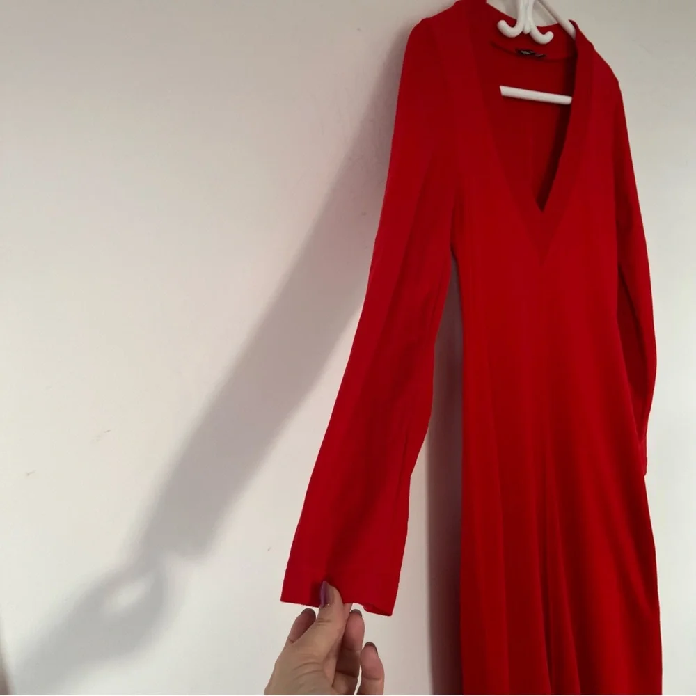Zara Red Ribbed Knit Midi Dress Small Long Sleeve V-Neck Bodycon Minimalist - Picture 4 of 10